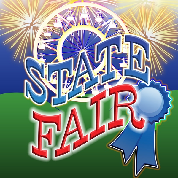 State Fair image with fireworks in the the background and a blue ribbon