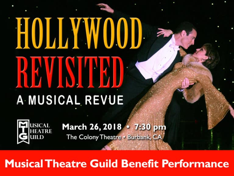 Image of two dancers in outfits from the golden age wiht text that reads: Hollywood Revisited A Musical Review. Also date and time info for the show.