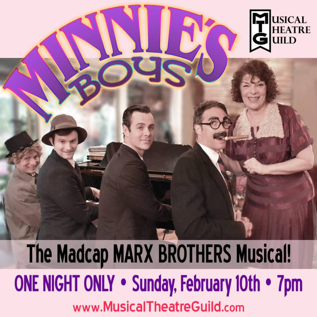 Minnie's Boys logo above Minnie and Sam in front of a piano with three men sitting at the piano playing it